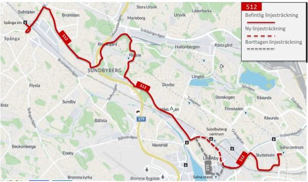 116(14 3 Figur 88 Föreslagen linjesträckning för linje 512 bortagen linjesträckning Vretenvägen Korta gatan Albygatan Solna strandväg Humblegatan, ny linjesträckning Frösundaleden Landsvägen