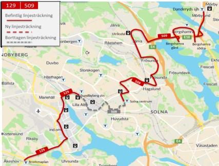 118(14 3 Figur 90 Föreslagen linje sträckning för linje 509 och ny linje 129 Ny linjesträckning linje 509 från Solna till Sundbyberg Huvudstagatan Ankdammsgatan Frösundaleden Landsvägen,