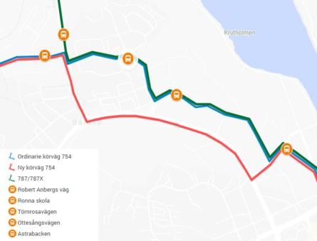 120(14 3 Del 2: Linje 754 Geneta Pershagen I förslaget övervägs att linje 754 inte trafikerar Karlhov och hållplatserna Törnrosavägen och Ottesångsvägen.