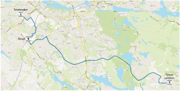 128(14 3 Figur 98 Föreslagen ny linje 803 mot Telefonplan Bollmoravägen Njupkärrsvägen Tyresövägen (229 Örbyleden (229 Huddingevägen (226 Älvsjövägen (271 Sjättenovembervägen Götalandsvägen