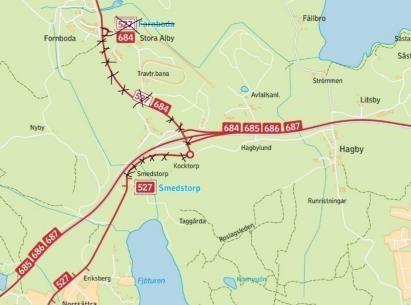 132(14 3 2.5.24 Upplands Väsby Linje 527 Sollentuna station Fornboda Linjen övervägs få ny linjesträckning och endast trafikera sträckan Sollentuna station Smedstorp.