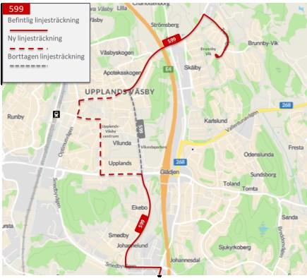 133(14 3 Figur 103 Föreslagen ny linjesträckning för linje 599 Bortagen linjesträckning Husarvägen och istället ny linjesträckning Mälarvägen Dragonvägen Centralvägen - Kvarnvägen Väsbyvägen,