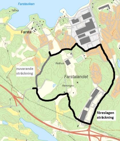 141(14 3 Föreslagen omläggning ger resande mellan Hålludden och Slussen kortare restid, eftersom de kan byta till/från linje 474 i Värmdö marknad och slipper åka via Farsta slott och Hästhagen.