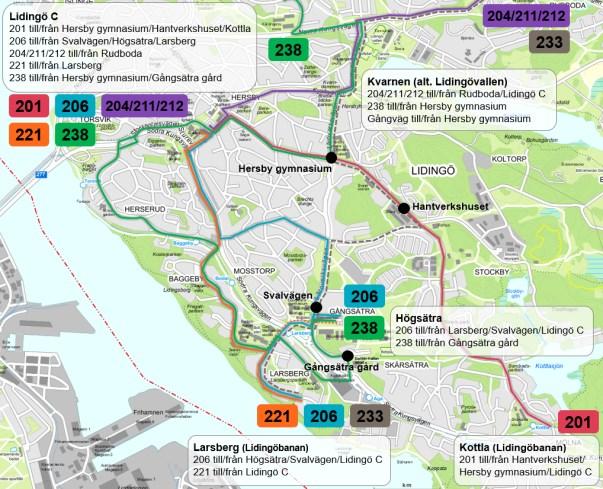 39(143 Figur 20 översiktskarta över Norra/Södra Lidingö och resmöjligheterna där idag med buss Linje 238 Näset Högsätra Linjen föreslås gå via Mjölksurrevägen när den öppnat för trafik och ny