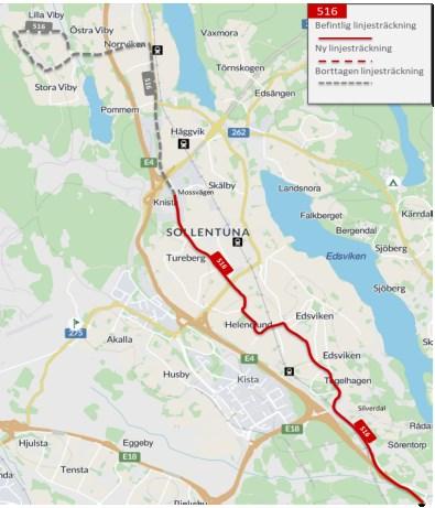 66(143 Figur 38 Föreslagen linjesträckning för 516 Linje 520X Sollentuna station Holmboda Linjen föreslås byta linjenummer till 525X, då linjesträckningen är som linje 520 med tillägget via