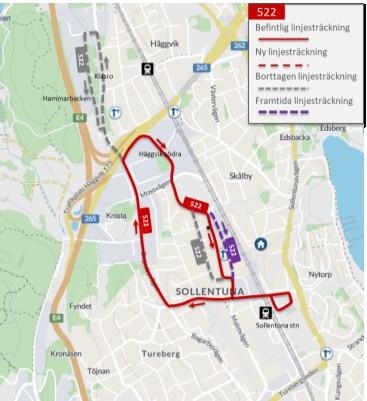 67(143 Figur 39 Föreslagen linjesträckning för 522 Linje 525 Sollentuna station Viby Linjen föreslås ta över 516 trafikuppgift Norrviken Viby.