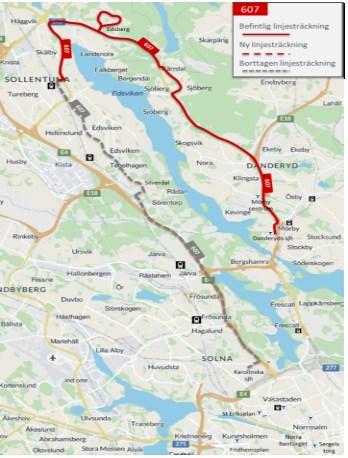 68(143 Figur 40 Föreslagen linjesträckning för linje 607. Linjen behåller nuvarande linjesträckning mellan Danderyds sjukhus och Sollentuna station.