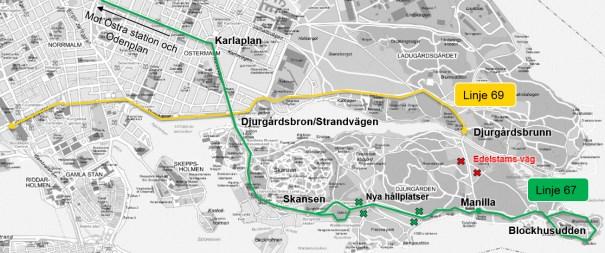 83(143 Linje 67 Frösundavik Skansen Linje 69 Centralen Blockhusudden/Kaknästornet En ny trafiklösning för Djurgården övervägs.