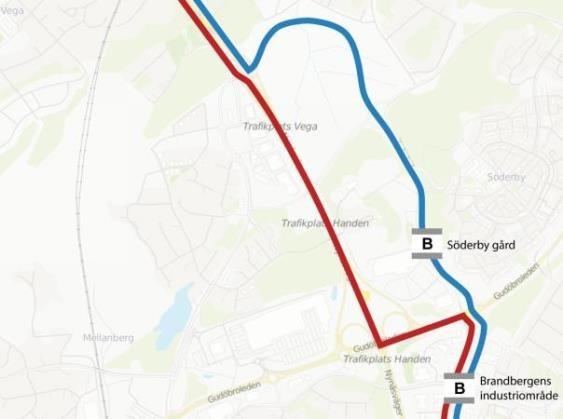 95(143 Figur 62 Förslag linjeförändring 809, röd markering är dagens trafikering Vega trafikplats Handens trafikplats, blå markering förslagets trafikering till Söderbygård via Söderbyleden Linje 892