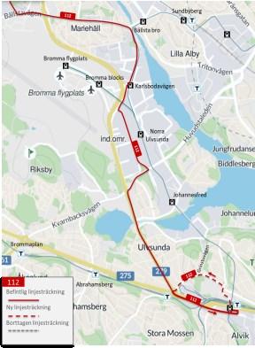 99(143 Figur 66 Föreslagen linjesträckning för linje 112. Ny linjesträckning Vidängsvägen- Tranebergsplan-Tranebergsvägen-Ulvsundaplan.