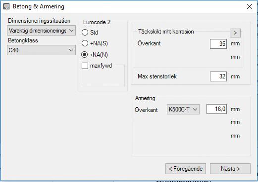 caeec209 Pelartopp Sidan 8(13) 3.2.1 Betong & Armering När guiden startas visas en ny dialogruta (Figur 7)där indata för Betong & Armering anges (dessa instruktioner gäller även då indata matas in manuellt).