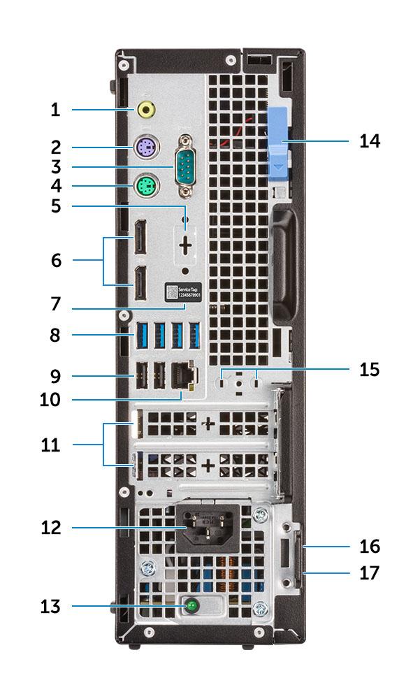 Baksida 1 Utgångsport 2 PS/2-tangentbordsport 3 Serieport (tillval) 4 PS/2-musport 5 DisplayPort/HDMI 2.0b/VGA/USB Type-C alternativt läge (tillval) 6 DisplayPort-anslutningar 7 Servicenummer 8 USB 3.