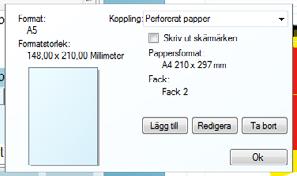Har du bara en skrivare med ett fack så behöver du inte koppla skrivare. Alternativ : Skrivarkopplingar. Klicka på i-symbolen vid önskat format i layoutrutan till vänster i Shoppa.