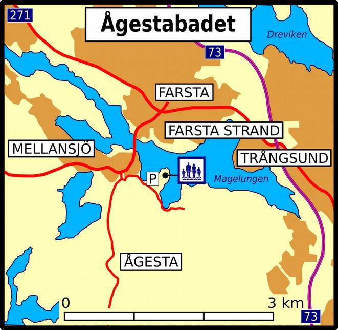 Stockholmsområdet Ågestabadet HUDDINGE * Vid sjön Magelungen söder om Farsta. Ett kommunalt bad ägt av Stockholms stad.