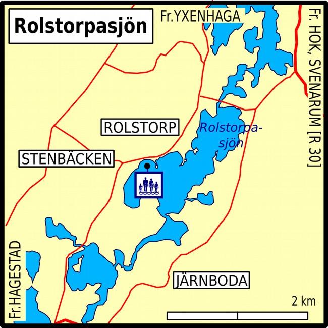 Småland Rolstorpasjön VAGGERYD * Mellan Vaggeryd och Jönköping. Nakenbadet är på sjöns västra sida, 5 km söder stugbyn Hapimag i Yxenhaga. Lång sandstrand, mest sol mitt på dagen.
