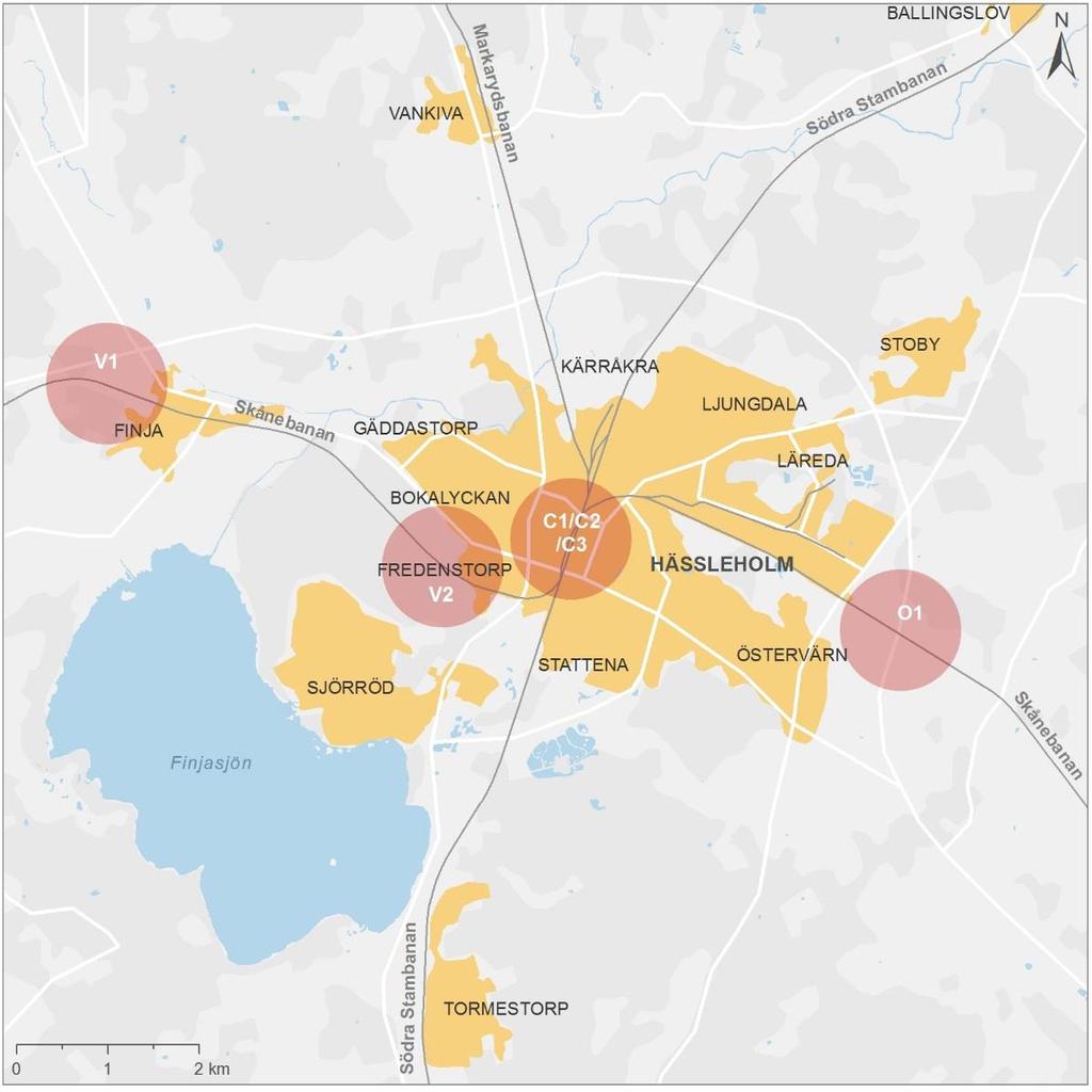 Alternativ O1 Alternativet innebär ett stationsläge cirka 3,5 km öster om den befintliga stationen, söder om korsningspunkten med Skånebanan.