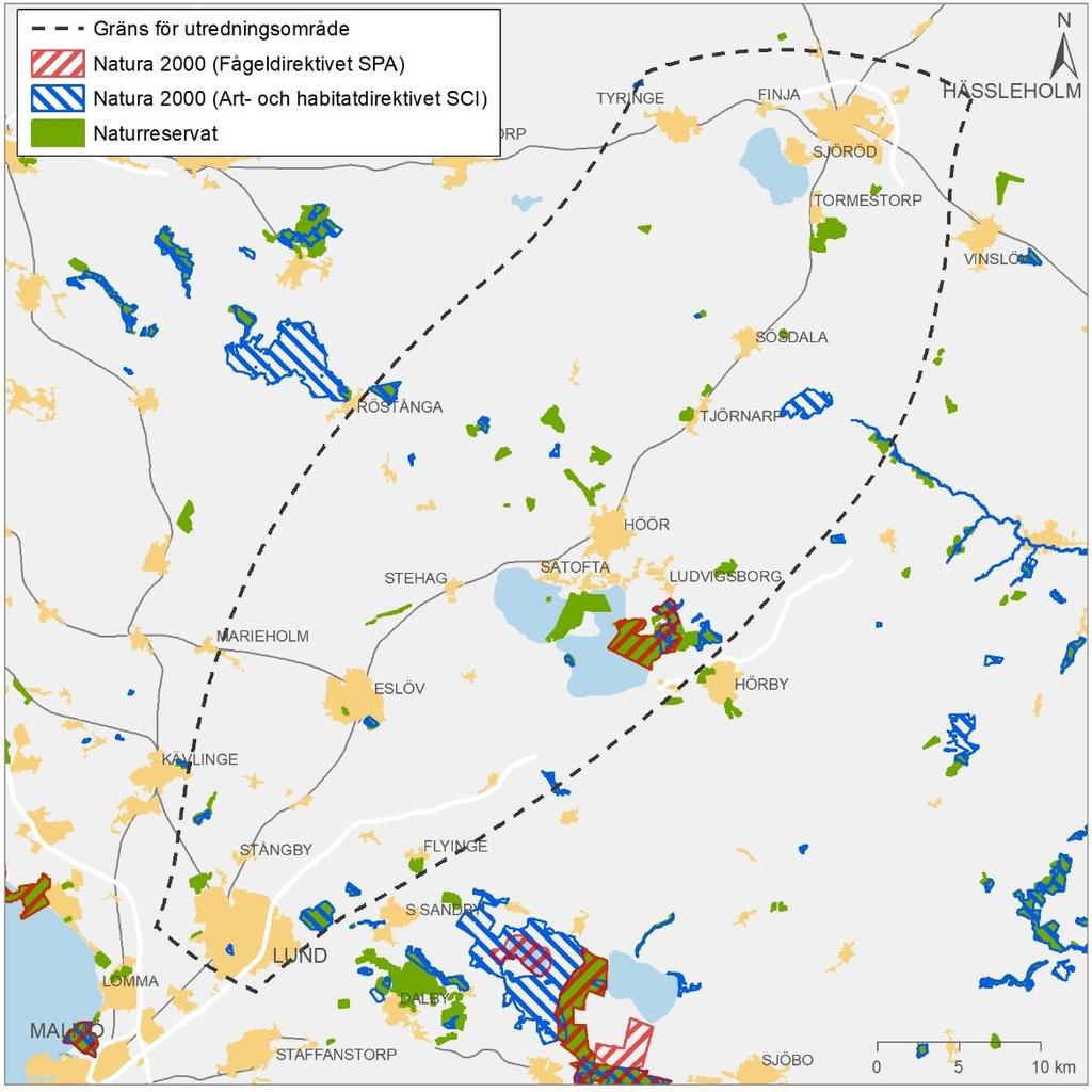 Figur 15. Kartan redovisar utredningsområdet med beslutade natura 2000-områden och naturreservat. 5.5.4.