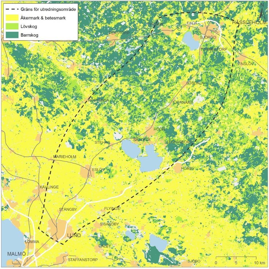 5.9. Mark och vatten samt hushållning med naturresurser 5.9.1. Areella näringar Den största andelen jordbruksmark i Sverige ligger i Skånes slättlandskap, i de södra delarna av utredningsområdet.