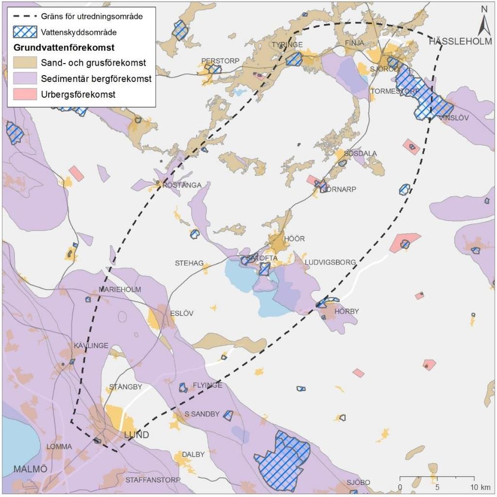 Figur 19. Vattenskyddsområden och grundvattenförekomster inom utredningsområdet. 5.9.4.