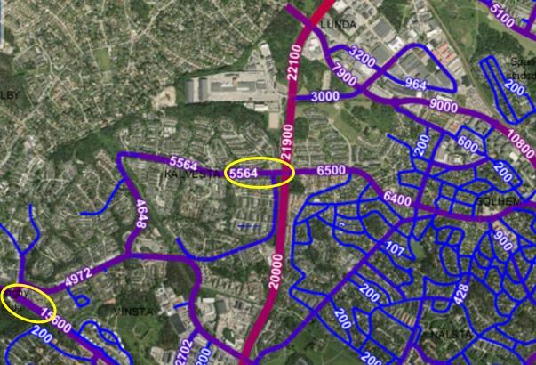 Figur 6: Trafikflöden hämtade från Stockholm stad, räknat i ÅVDT. Ökat flöde vid större länkarna.