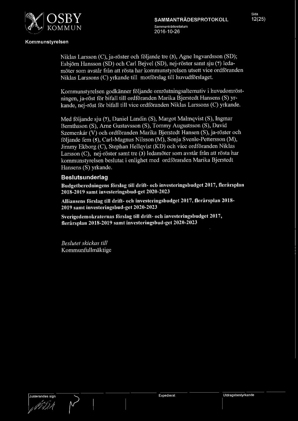 godkänner följande omröstningsaltemativ i huvudomröstningen, ja-röst för bifall till ordföranden Marika Bjerstedt Hansens (S) yrkande, nej-röst för bifall till vice ordföranden Niklas Larssons (C)