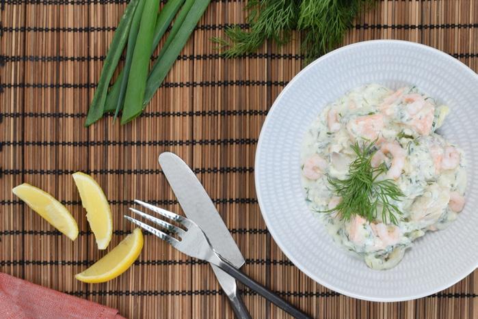 MÅNDAG FISKGRATÄNG MED RÄKOR SERVERAD MED PRESSAD POTATIS 40 MIN Sätt ugnen på 175 grader. 1. Skala och koka potatisen i lättsaltat vatten i ca 20