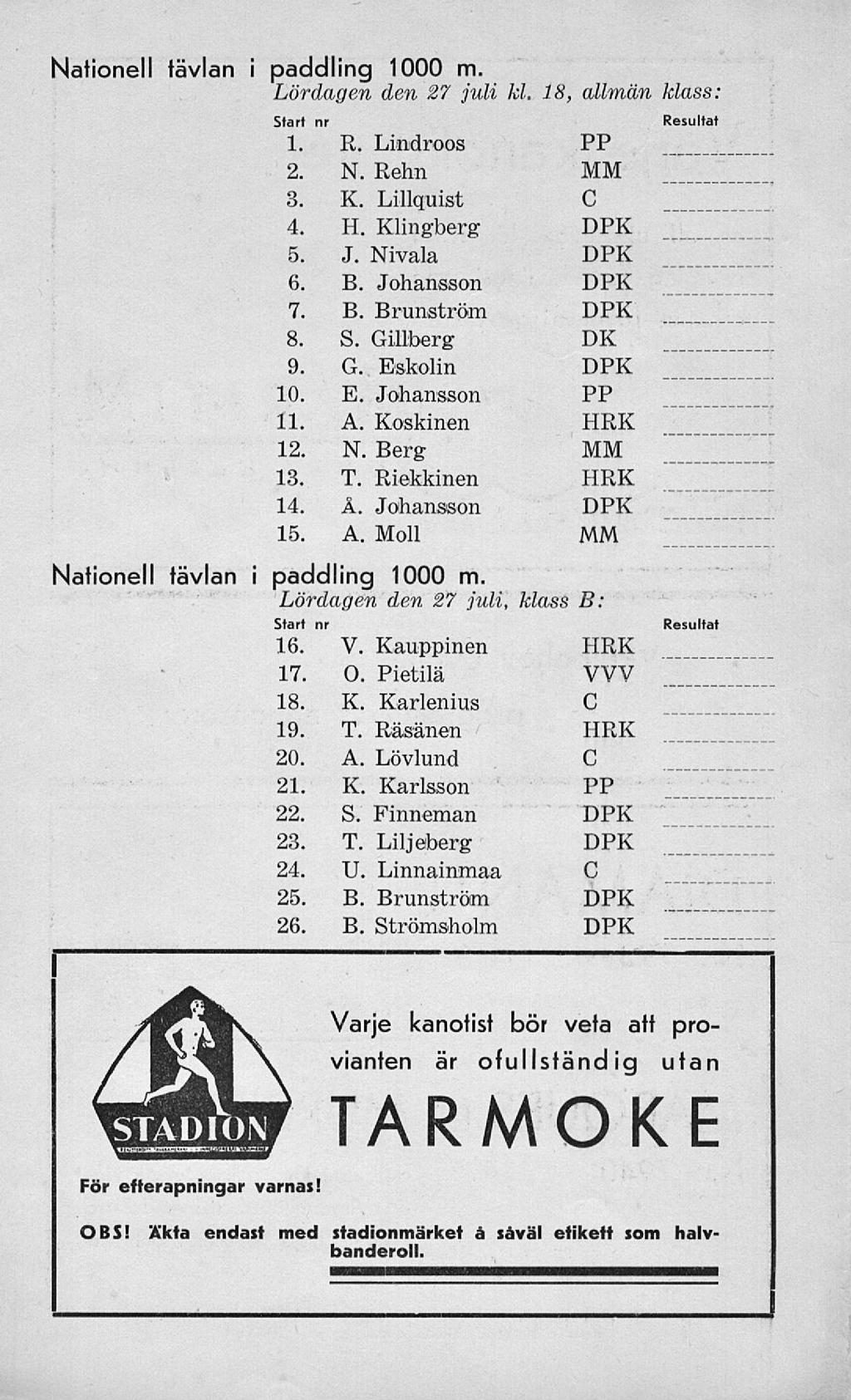 Nationell tävlan i paddling 1000 m. Lördagen den 27 juli kl. Nationell tävlan Start nr 1. R. Lindroos 2. N. Rehn 3. K. Lillquist 4. H. Klingberg 5. J. Nivala 6. B. Johansson 7. B. Brunström 8. S. Gillberg 9.
