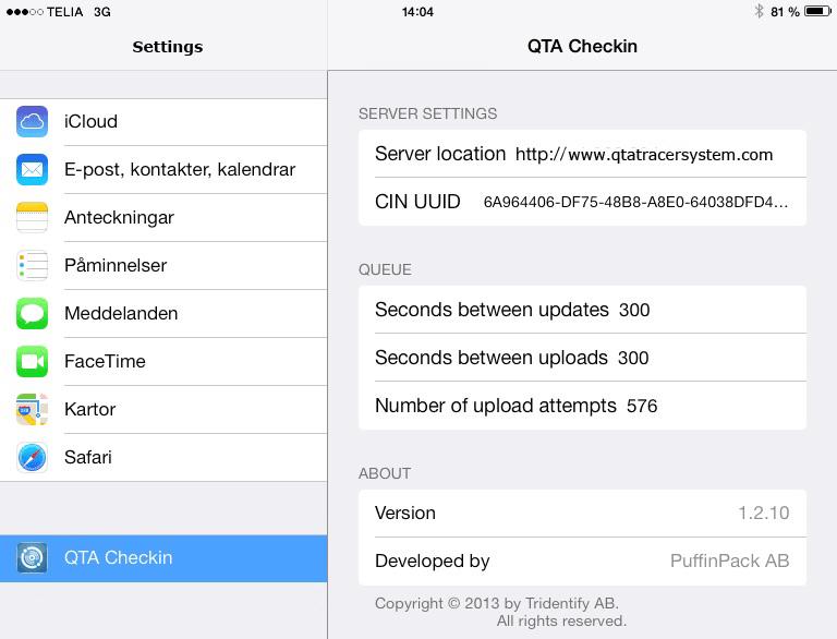 3.1.2 Registrera QTA Check-in Node För att registrera en QTA Check-In Node på portalen följ dessa steg: 1. På ipad välj Settings/Inställningar 2. Skrolla ner till QTA Check-in Node 3.