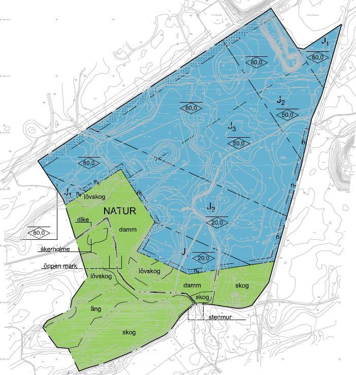 2 Förutsättningar 2.1 Detaljplan Plankarta över området kan ses i Figur 1. I planområdets södra del närmast Svartövägen samt i de västra delarna har områden avsatts med användningen natur.