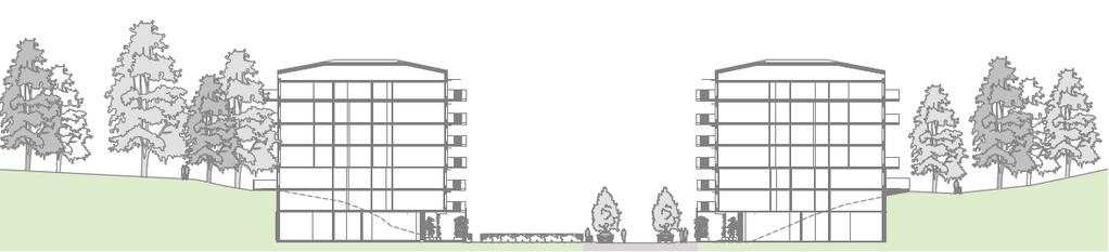 SID 5 (9) Sektionen visar husens placering i dalgången med suterrängvåningar mot gatan Punkthus motiveras på denna plats för att minimera ingrepp i naturmarken och för att kunna bevara stora träd i