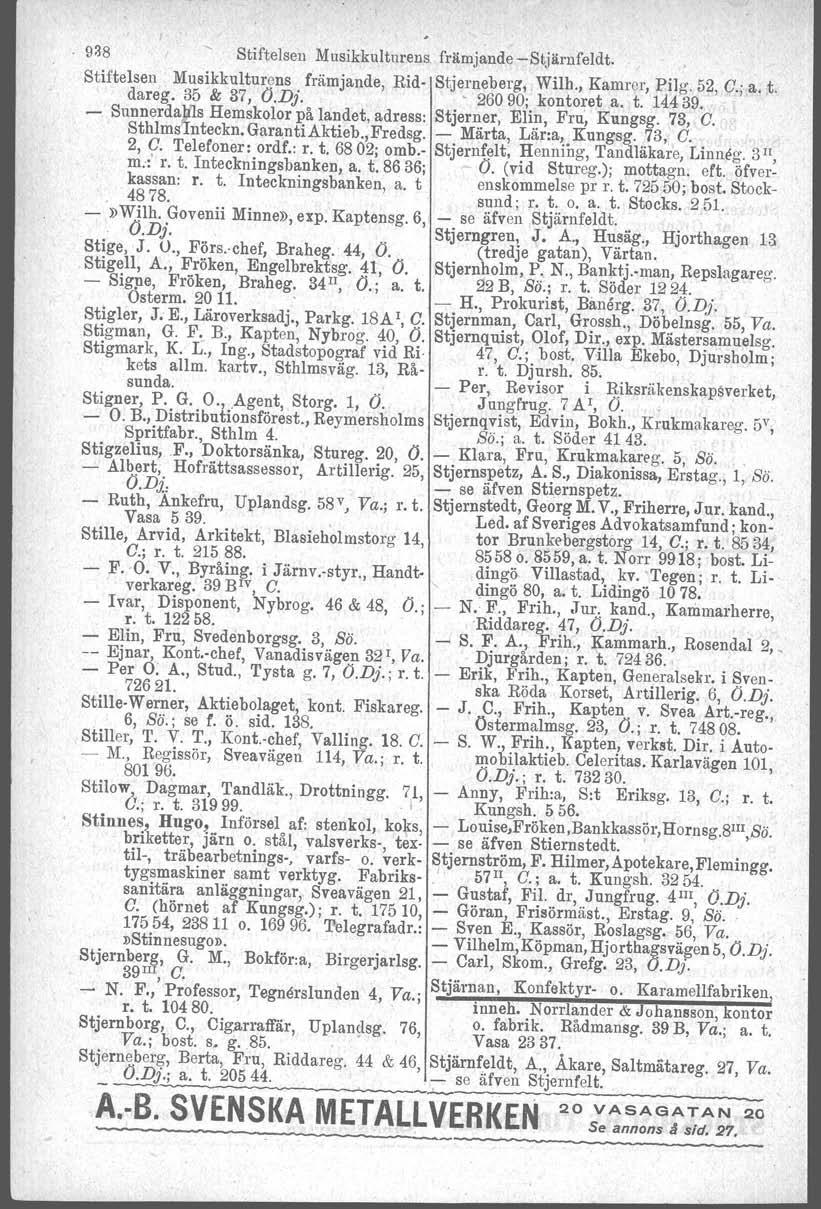 938 Stiftelsen Musikkulturens. främjande-stjärnfeldt. Stiftelsen Musikkulturens främjande, Rid- Stjerneberg, Wilh., Kamrer, Pilg. 52, C.; a. t. dareg. 35 & 37, O.D}. ' 26090; kontoret a. t. 14439.