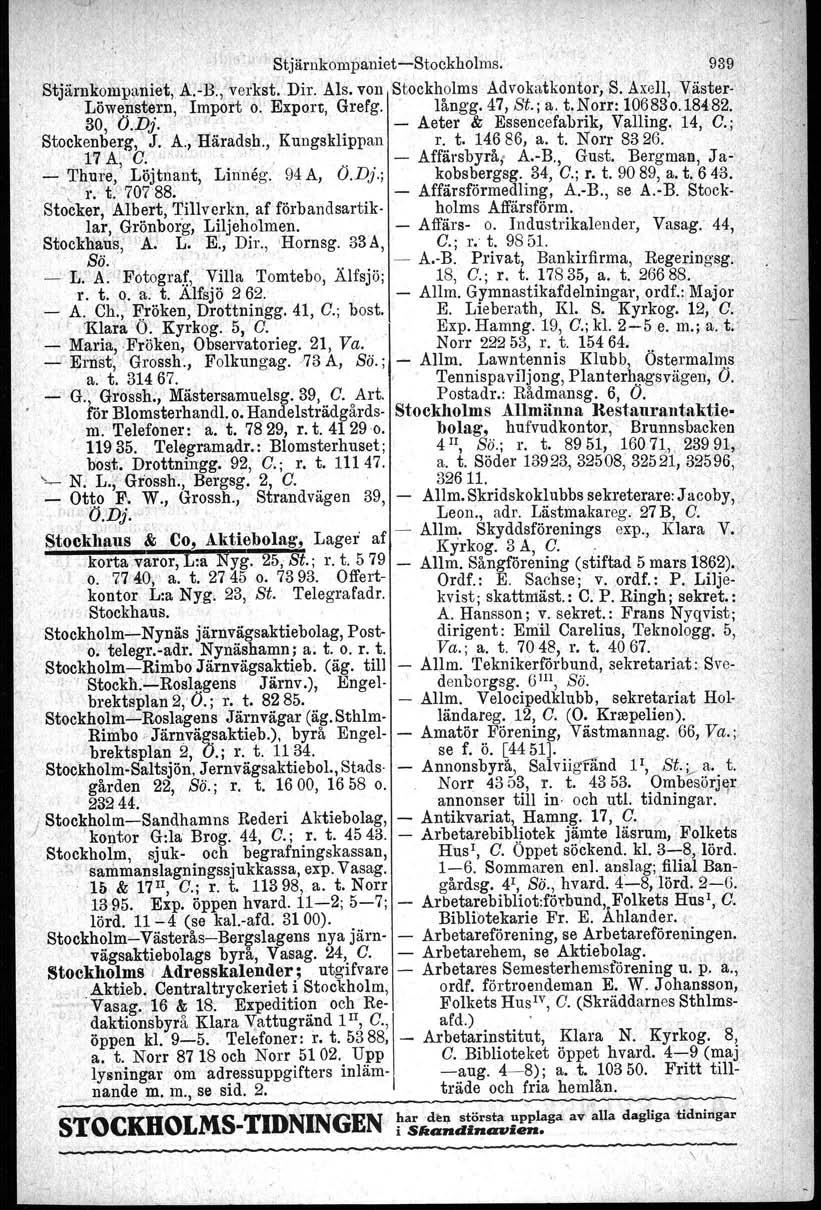 Stjärnkompaniet-Stockholms. 939 Stjärnkompaniet,A.-B., verkst.dir. Als. von Stockholms Advobtkoniol) S. Axell, Väster- -Löwenstem, Import o. Export, Grefg. långg. 47, St.; a. t.norr: lq6830.18482.