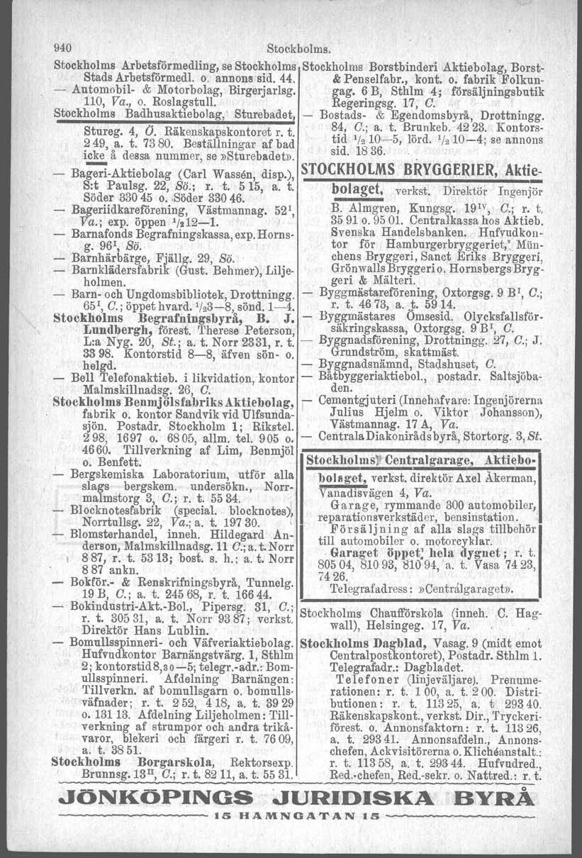 940 Stookholms. Stockholms Arbetsförmedling, se Stockholms Stockholms Borstbinderi Aktiebolag, 'Borst- Stads Arbetsförmedl. o, annons sid. 44. & Penselfabr., kont. o. fabrik Folkun- - Automobil- & Motorbolag, Birgerjarlsg.