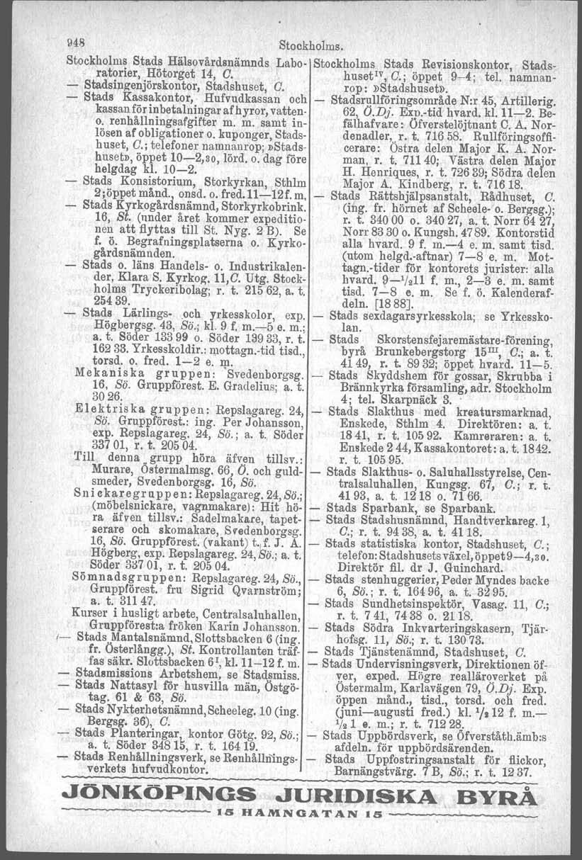 948 Stockholms. Stockholms Stads Hälsovårdsnämnds Labo- Stockholms Stads Revisionskontor, Stadsratorier, Hötorget 14, O. I huset!", O.j öppet 9-(; tel. narrman- - Stadsip.