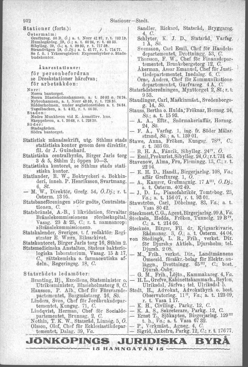 93'2 Stationer Stationer-Stedt. (forts.): ) Östermalm: Greftureg. 50 B, 6,; a. t. Norr 4197, r. t. 75219. Humlegärd,sg. 29, 6.; a. t. 6024, r. t. 6055, Sibylleg. 29, -6.; a. t.. 9993, r. t. 71759.