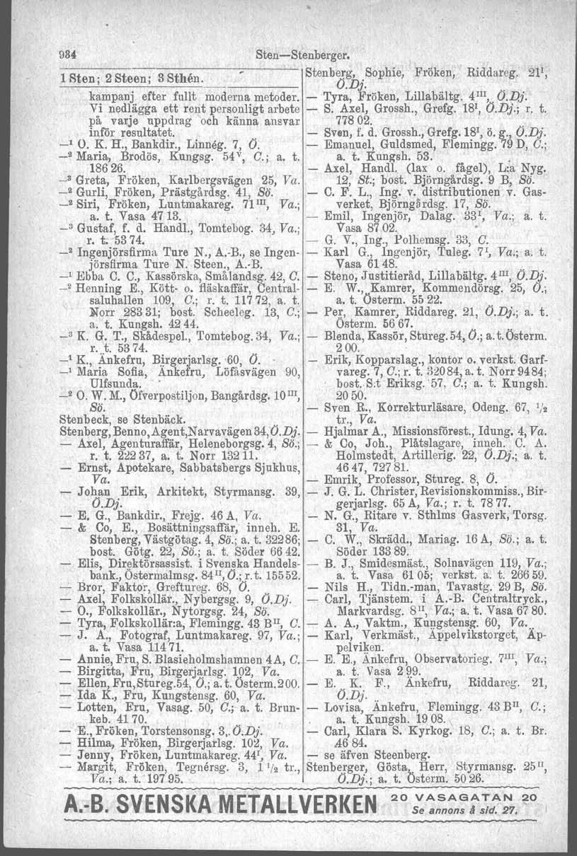 984 Sten-Stenberger. l Sten; 2 Steen; 3 Sthån. StenbÖ~j.Sophie, Fröken, Riddar.e g. 211, kampanj efter fullt moderna metoder. -Tyra, Fröken, Lillabältg. 4 III,. Ö.Dj.