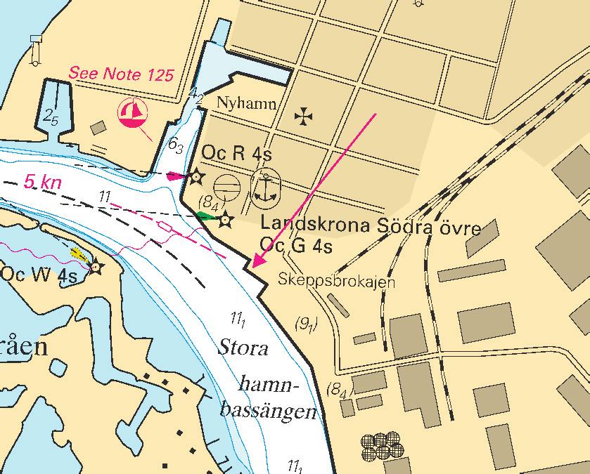 Nr 331 12 * 6820 Sjökort/Chart: 922 Sverige. Öresund. Landskrona. Skeppsbrokajen. Nytt färjeläge för Ventrafiken. Nytt färjeläge för Ventrafiken har etablerats vid norra delen av Skeppsbrokajen.