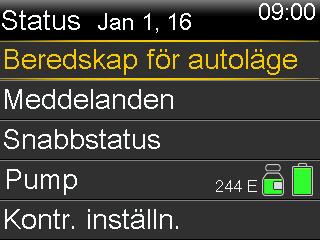 Statusskärm Meddelanden Snabbstatus Pump Sensor Kontr. inställn. Visar följande information En lista över alla alarm, varningar och påminnelser som har avgetts under det senaste dygnet.