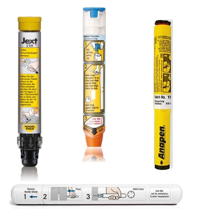 Jext trycks hårt mot låret Adrenalinpennor EpiPen slås mot låret Anapen