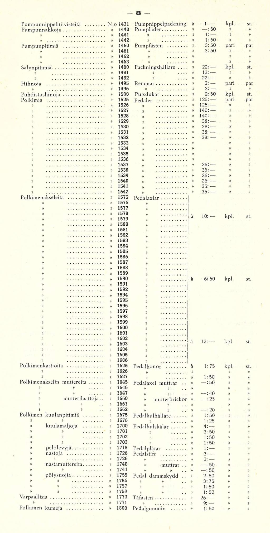 s kpl >) Kpl kpl Pumpunnippelitiivisteitä N:oI41 Pumpnippelpackning ä 1: kpl st Pumpunnahkoja 2440 Pumpläder : 50 ; 1441 i) 1: Pumpunpitimiä 1442 1450 1451 Pumpfästen ọ 1:50 :50 :50 pari par )> 1462