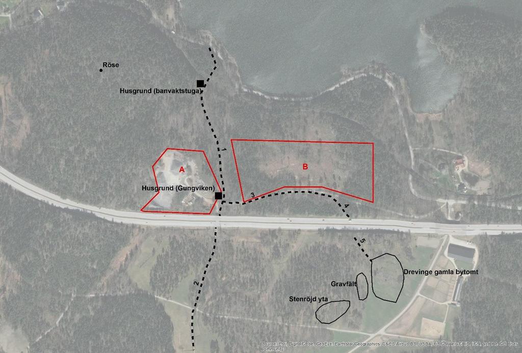 Figur 13 Ett urval historiska och förhistoriska lämningar vid Gungviken. De planerade områdena för stenkross och upplag anges med rött.