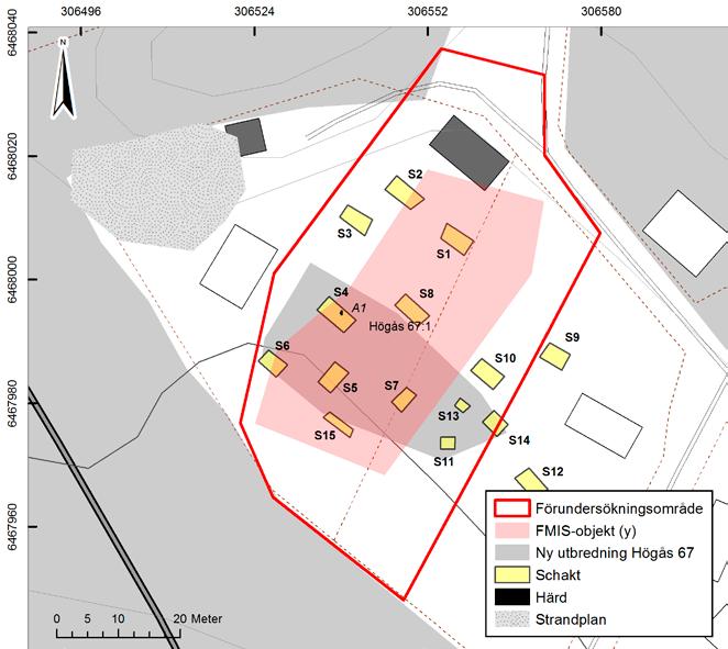 Flinta och härd på Högås 67 7 Figur 3. Plankarta över förundersökningsområdet Högås 67. På kartan finns de grävda schakten, härden och fornlämningens nya utbredning markerade. Skala 1 :700.