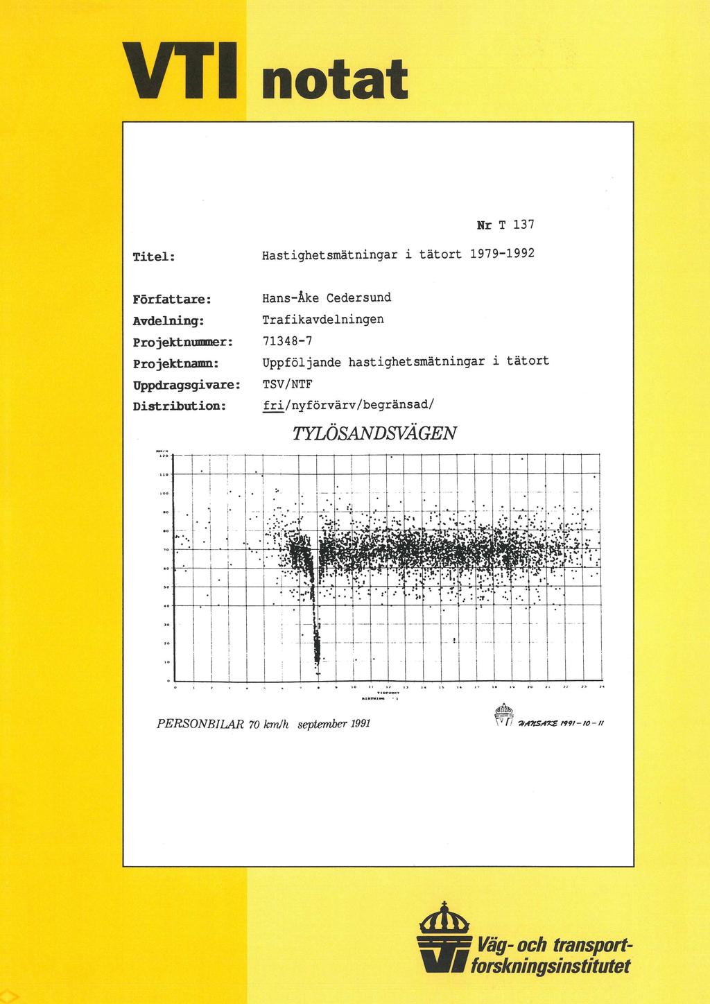 ntat Nr T 37 Titel: Hastighetsmätningar i tätrt 979-992 Författare: Hans-Åke Cedersund Avdelning: Trafikavdelningen Prjektnummer: 7348-7 Prjektnamn: Uppföljande hastighetsmâtningar i tätrt