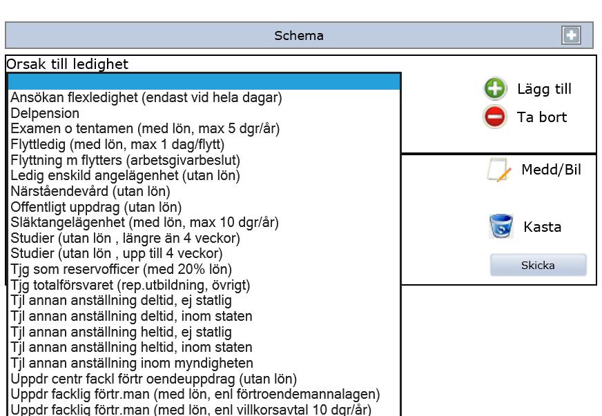 1 Välj Orsak till ledighet i listan 2 Fyll i From och Tom dvs datumintervallet för ledigheten 3 Fyll i ledighetens omfattning mellan 1-100% i fältet Omf 4 Klicka på Lägg till 5 Vid partiell ledighet,