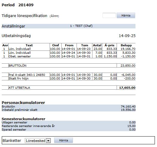 2.12 Kontrolluppgift Här kan du se dina kontrolluppgifter genom att välja Kontrolluppgifter i menyn Min sida. 2.13 Lönespecifikation Här kan du se och skriva ut dina lönespecifikationer.