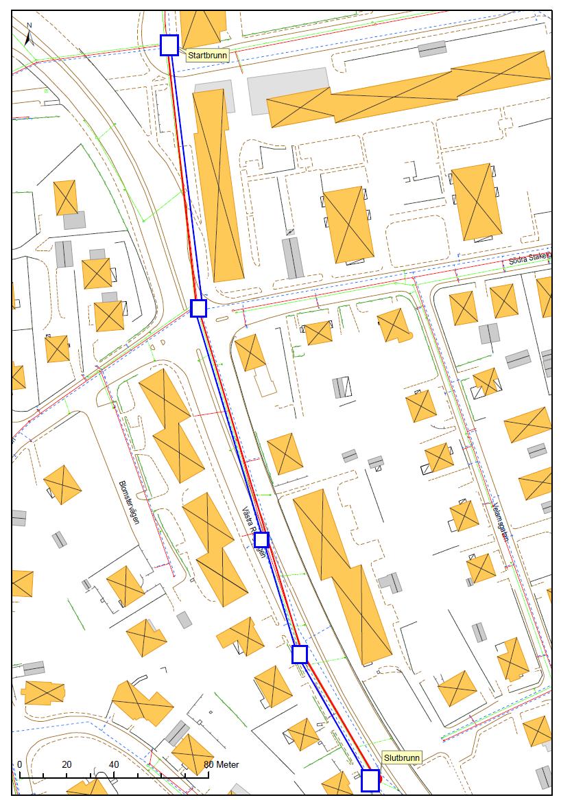 Exempel 407 meter Vatten DN200 Segjärn 407 meter Spill DN 300mm Betong Krav: Bibehållen flödeskapacitet Läggningsdjup: