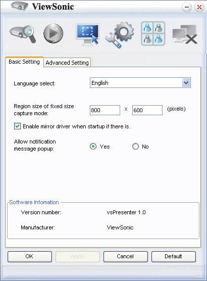 4. Die Basic Setting (Grundeinstellungen)-Seite ermöglicht Ihnen die Konfiguration von vspresenter. i. Klicken Sie zum Ändern der Sprache auf der vspresenter-schnittstelle auf den Abwärtspfeil.