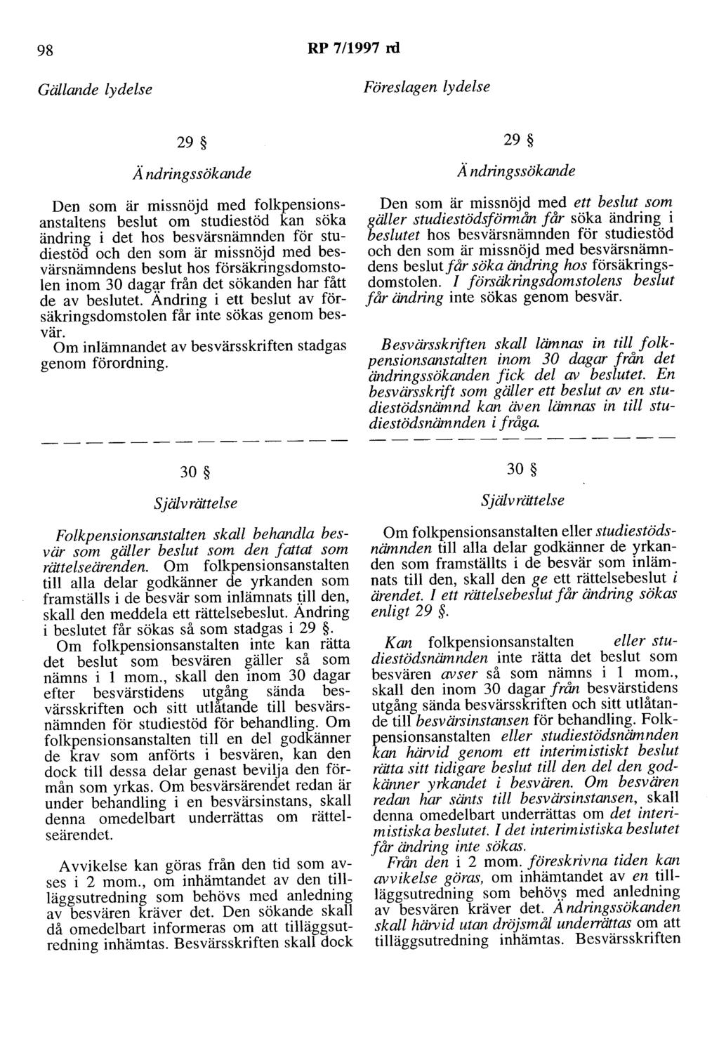 98 RP 7/1997 rd 29 Ändringssökande Den som är missnöjd med folkpensionsanstaltens beslut om studiestöd kan söka ändring i det hos besvärsnämnden för studiestöd och den som är missnöjd med