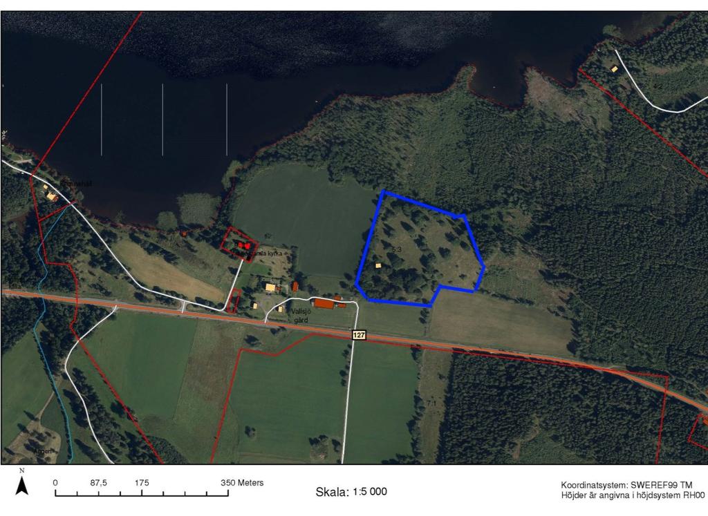 Figur 2. Ortofotokarta. Blå linje visar avgränsning för det undersökta området. Till vänster i bild syns Vallsjö Gård och Vallsjö kyrka.