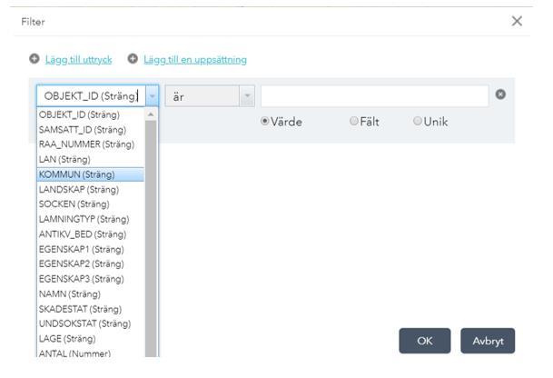 Välj vilket attribut du vill filtrera på i den första rullgardinen, t.ex. Kommun i detta fall.